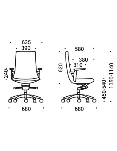 Dimensions chaise North Cape avec accoudoirs fixes en plastique – dossier haut et roulettes