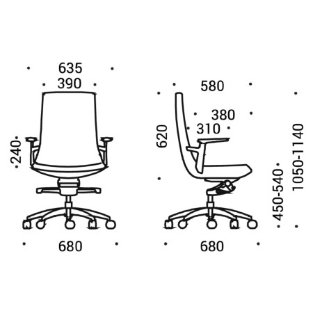 Dimensions chaise North Cape avec accoudoirs fixes en plastique – dossier haut et roulettes