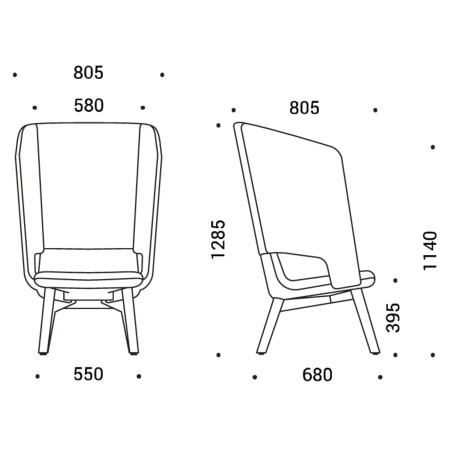 Dimensions fauteuil lounge dossier haut tissu pieds bois frêne – TWIST&SIT Soft