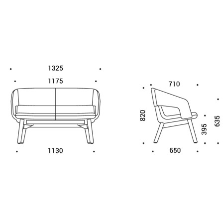 Dimensions du canapé TWIST&SIT Soft piètement bois – Largeur 1325 mm