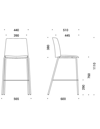 Dimensions techniques du tabouret haut Polytone L – 76 cm d’assise