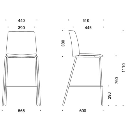 Dimensions techniques du tabouret haut Polytone L – 76 cm d’assise