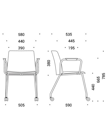 Dimensions chaise de réunion mobile en plastique avec roulettes et accoudoirs - Polytone L