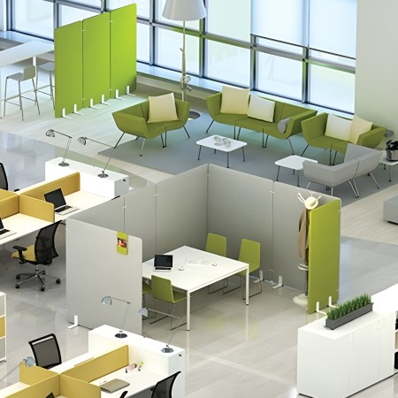 Panneaux acoustiques autoportants colorés pour espace de coworking ouvert