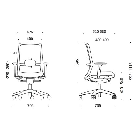 Dimensions chaise de bureau SURF avec accoudoirs