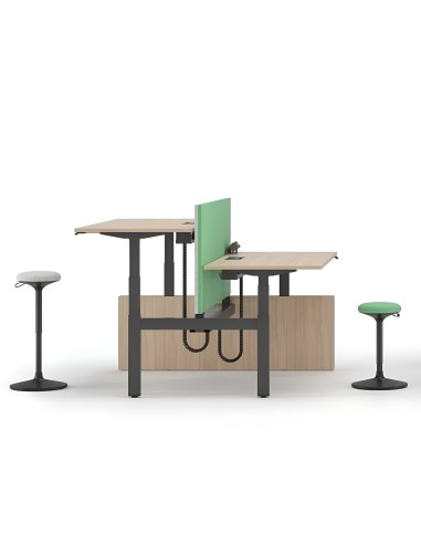 Chaises hautes vertes et grises devant bureau partagé avec séparateur vert