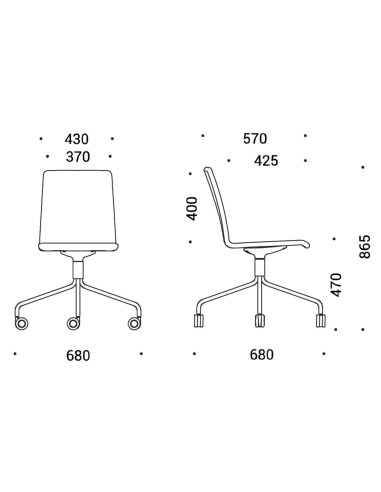 Dimensions de la chaise Moon à roulettes – plan de face et profil