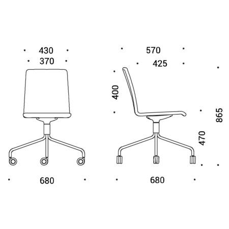 Dimensions de la chaise Moon à roulettes – plan de face et profil