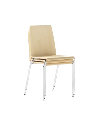 Vue 3/4 du modèle Moon Wood avec assise bois sur structure blanche – Moon Wood