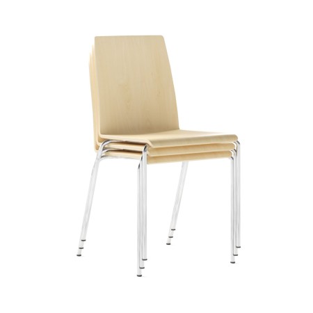 Vue 3/4 du modèle Moon Wood avec assise bois sur structure blanche – Moon Wood