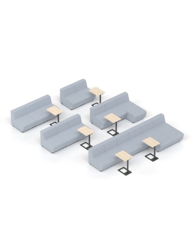 Espace de formation avec canapés gris et petite table d'appoint