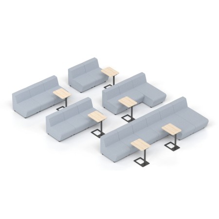 Espace de formation avec canapés gris et petite table d'appoint