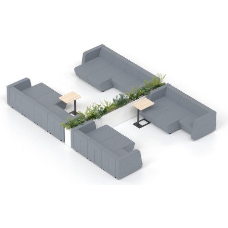 Espace de réunion en rectangle avec canapés gris