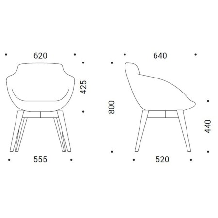 Dimensions de la chaise Tula avec assise rembourrée et base bois – Tula