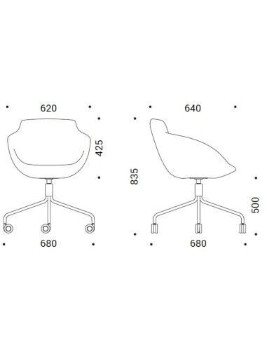 Dimensions du fauteuil Tula à roulettes avec piètement 4 branches – Tula