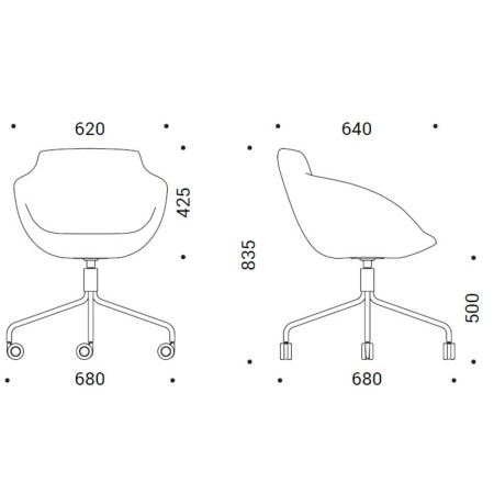 Dimensions du fauteuil Tula à roulettes avec piètement 4 branches – Tula