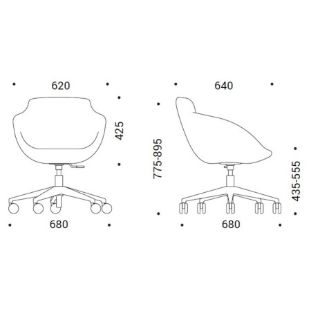 Dimensions du modèle Tula avec roulettes et piètement 5 branches – Tula