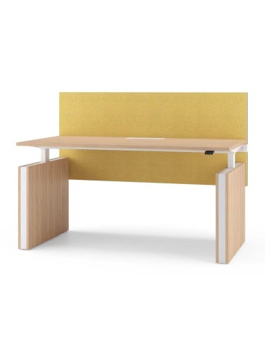 Bureau réglable bois clair avec cloison acoustique jaune et pieds panneaux