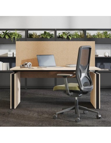 Bureau assis-debout bois avec cloison acoustique et chaise ergonomique WIND