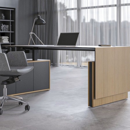 Bureau de direction design en bois et métal avec chaise ergonomique dossier haut gris