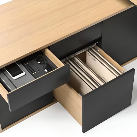 Finitions et tiroirs intégrés pour bureau réglable en hauteur avec caisson