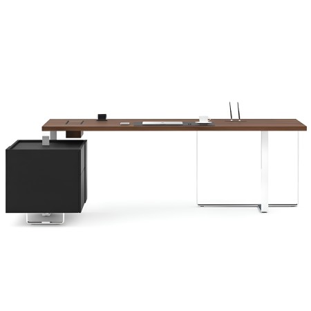 Bureau de direction PLANA avec caisson fixe, plateau bois et piètement blanc en acier