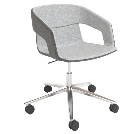 Chaise TWIST&SIT à roulettes avec base aluminium et assise tissu gris. Élégance et confort au bureau.