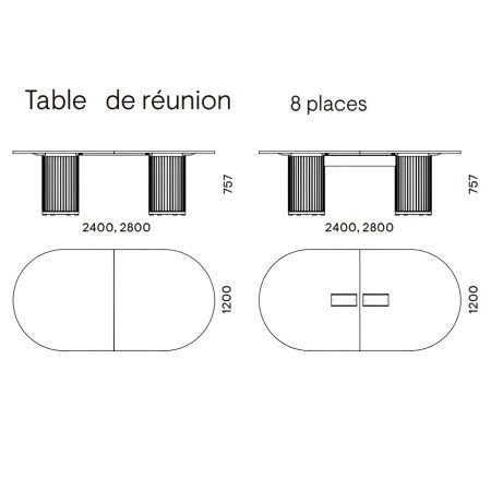Dimensions table de réunion 8 personnes avec colonnes acoustiques - PARTHOS