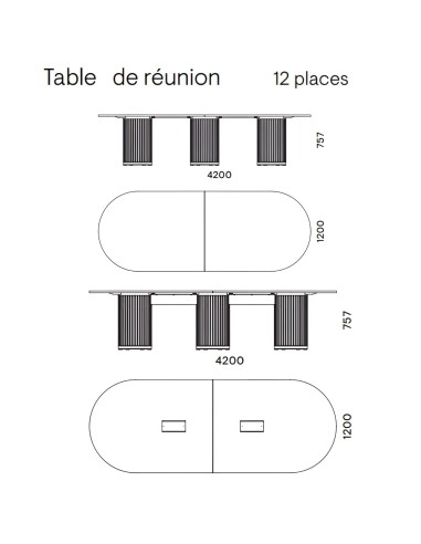 Dimensions table de réunion ovale 12 places avec colonne feutre acoustique – Parthos