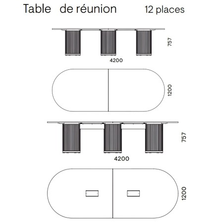 Dimensions table de réunion ovale 12 places avec colonne feutre acoustique – Parthos
