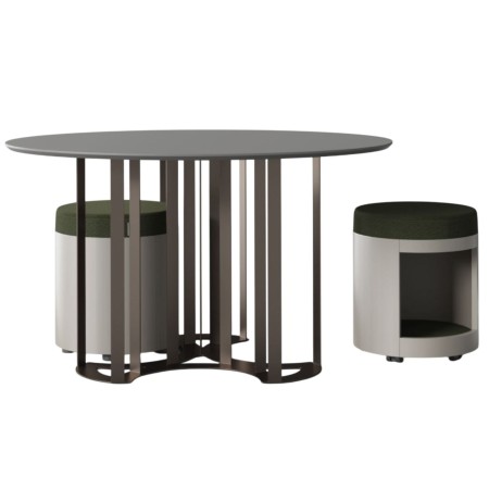 	Table ronde design avec poufs en bois et métal