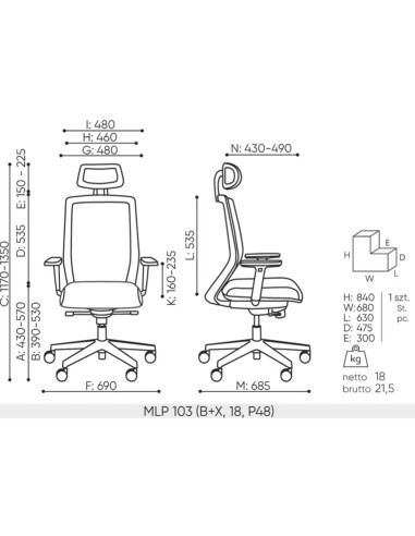Dimensions de la chaise de bureau Milla Plus