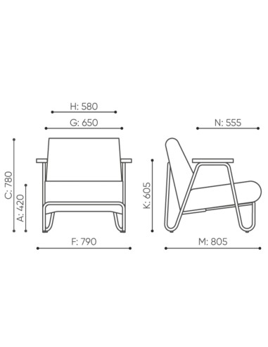 Dimensions fauteuil bas design avec accoudoirs et tablette - Clip