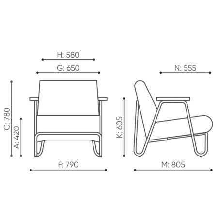 Dimensions fauteuil bas design avec accoudoirs et tablette - Clip
