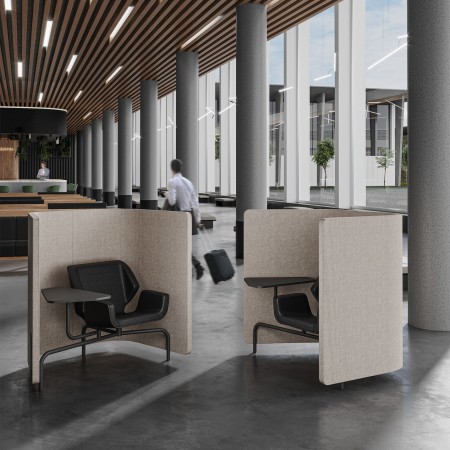 Deux fauteuils Booi Workstation gris dans un espace de réunion moderne – Booi Workstation