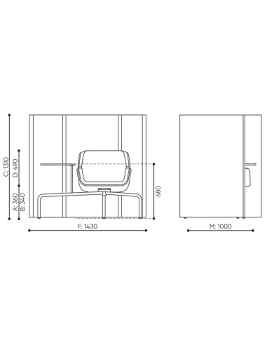 Dimensions du fauteuil Booi Workstation avec vues de face et de profil – Booi Workstation