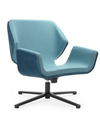 Fauteuil Booi Lounge en tissu bleu clair avec repose-pieds assorti, vue de face – Booi Lounge