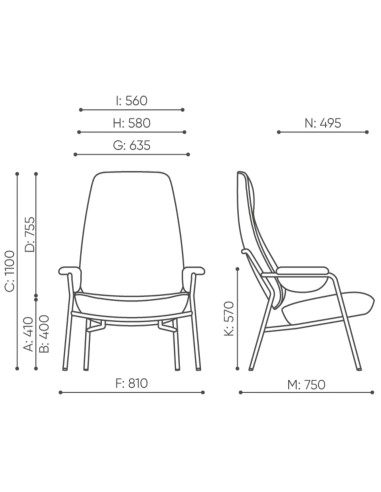 Dimensions du fauteuil Epocc Lounge avec vues de face et de profil – Epocc Lounge