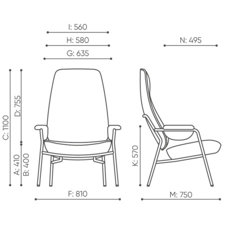 Dimensions du fauteuil Epocc Lounge avec vues de face et de profil – Epocc Lounge