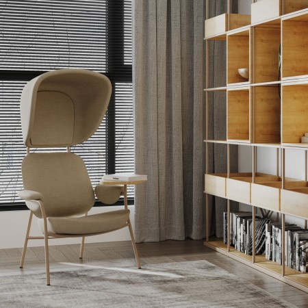 Fauteuil Epocc Lounge en tissu beige dans un espace bureau ouvert – Epocc Lounge