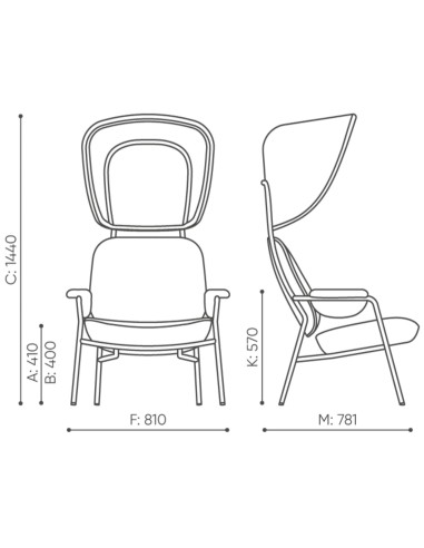 Dimensions du fauteuil Epocc Lounge avec vues de face et de profil – Epocc Lounge