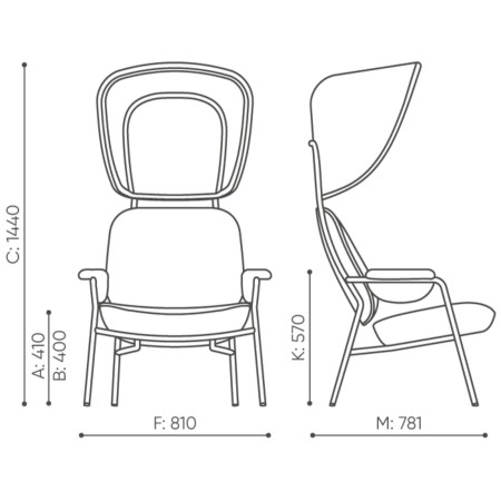 Dimensions du fauteuil Epocc Lounge avec vues de face et de profil – Epocc Lounge
