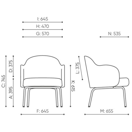Dimensions du fauteuil Flos Lounge avec vues de face et de profil – Flos Lounge