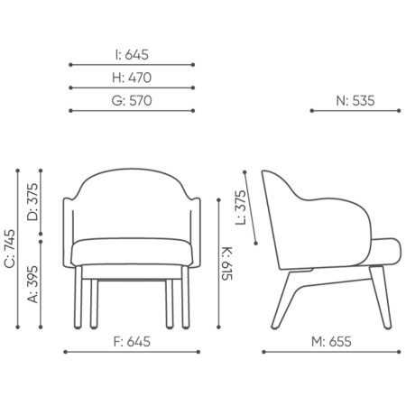 Dimensions du fauteuil Flos Lounge avec vues de face et de profil – Flos Lounge