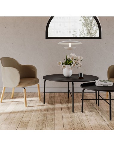 Fauteuils Flos Lounge en tissu beige autour d’une table basse noire dans un salon moderne – Flos Lounge