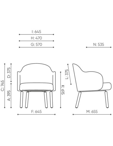 Dimensions du fauteuil Flos Lounge avec vues de face et de profil – Flos Lounge