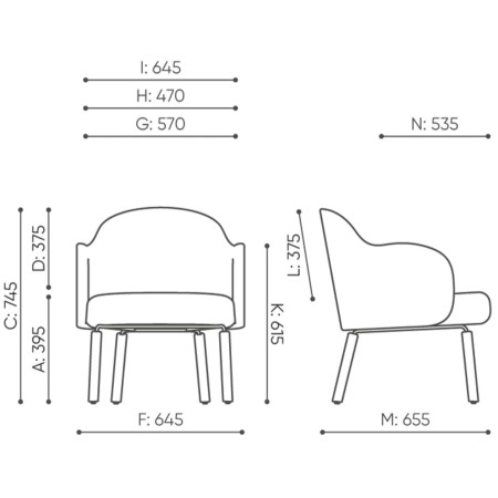 Dimensions du fauteuil Flos Lounge avec vues de face et de profil – Flos Lounge