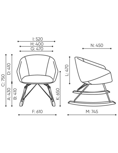 Dimensions du fauteuil Ox:co avec vues face et profil – Ox:co