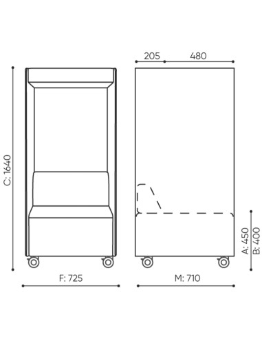 Dimensions de la cabine phonique Quadra avec vues face et profil – Quadra