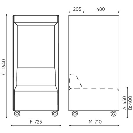 Dimensions de la cabine phonique Quadra avec vues face et profil – Quadra